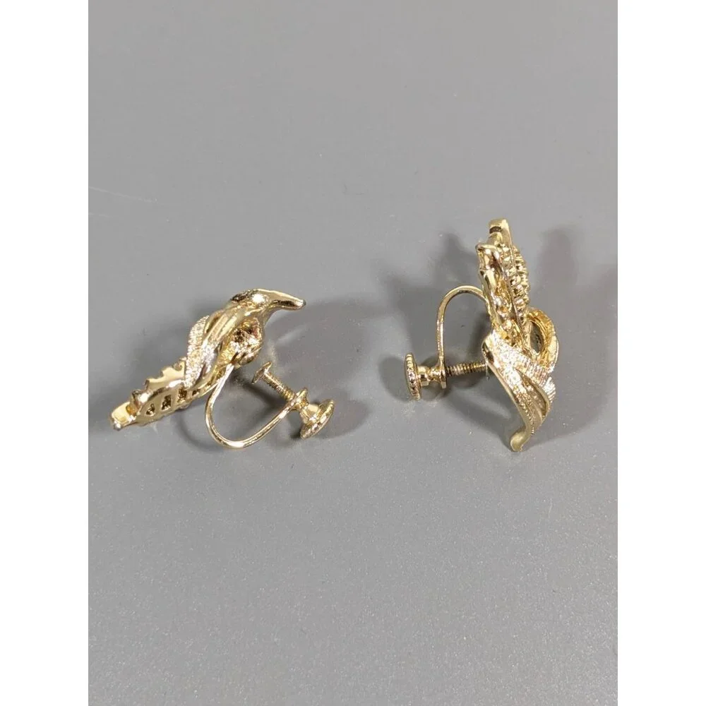 Vintage Gold Tone Double‎ Leaf Screw Back Clip On Earrings Mod Mid Century